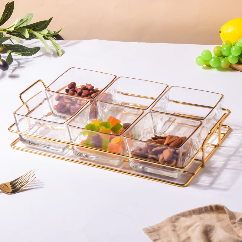 Gold Detailed Glass Bowls And Tray Set Of 7 200ml - Serving bowls, small glass bowls, snack serving bowls, section bowls, fancy serving bowls | Bowls for dining table & home decor