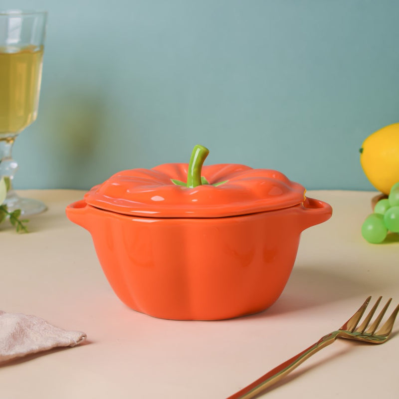 Quirky Pumpkin Bowl With Lid Orange 350 ml - Ceramic bowl, Serving bowl with lid, ceramic bowls with lids, snack bowls, bowl with handle | Bowls for dining table & home decor