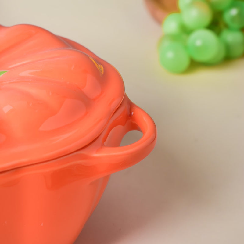 Quirky Pumpkin Bowl With Lid Orange 350 ml - Ceramic bowl, Serving bowl with lid, ceramic bowls with lids, snack bowls, bowl with handle | Bowls for dining table & home decor