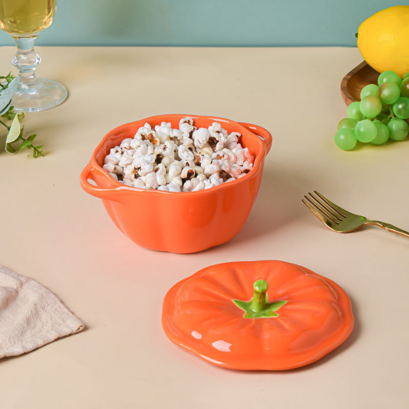 Quirky Pumpkin Bowl With Lid Orange 350 ml - Ceramic bowl, Serving bowl with lid, ceramic bowls with lids, snack bowls, bowl with handle | Bowls for dining table & home decor