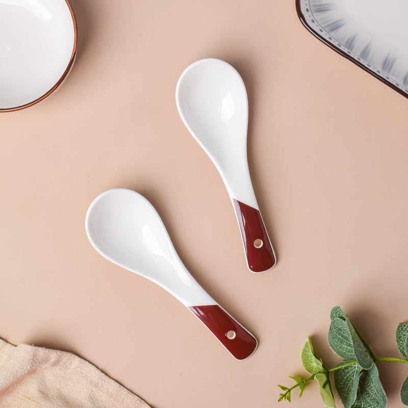 Ceramic Soup Spoon White And Brown Set Of 2
