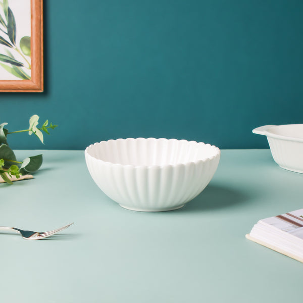Riona Ribbed Ceramic Salad Bowl White 600ml - Bowl,ceramic bowl, snack bowls, curry bowl, popcorn bowls | Bowls for dining table & home decor