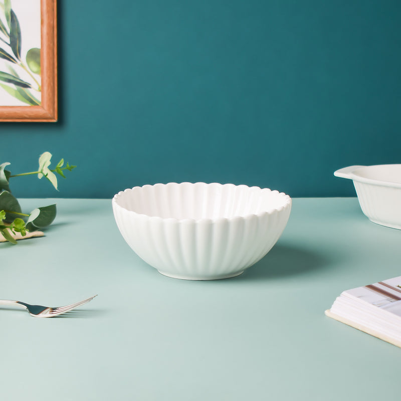 Riona Ribbed Ceramic Salad Bowl White 600ml - Bowl,ceramic bowl, snack bowls, curry bowl, popcorn bowls | Bowls for dining table & home decor
