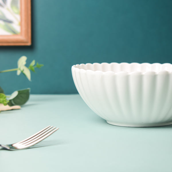 Riona Ribbed Ceramic Salad Bowl White 600ml - Bowl,ceramic bowl, snack bowls, curry bowl, popcorn bowls | Bowls for dining table & home decor