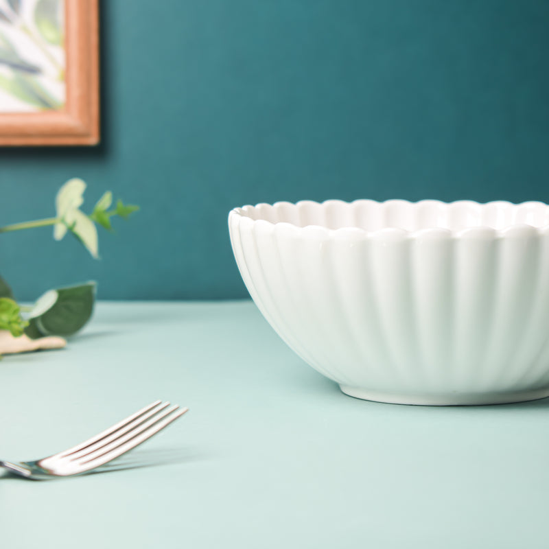 Riona Ribbed Ceramic Salad Bowl White 600ml - Bowl,ceramic bowl, snack bowls, curry bowl, popcorn bowls | Bowls for dining table & home decor