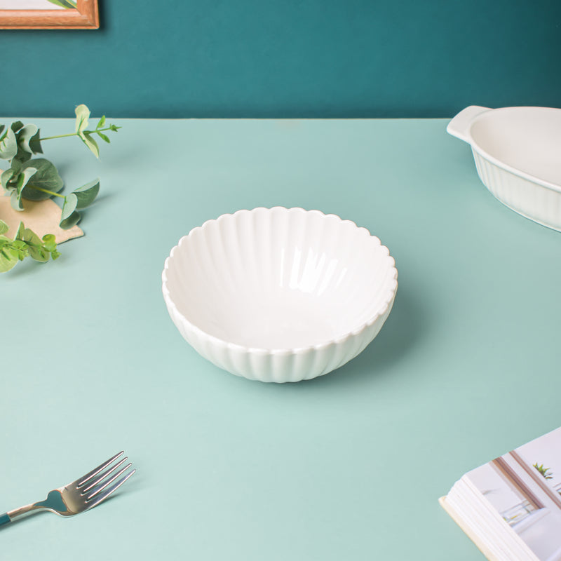 Riona Ribbed Ceramic Salad Bowl White 600ml - Bowl,ceramic bowl, snack bowls, curry bowl, popcorn bowls | Bowls for dining table & home decor