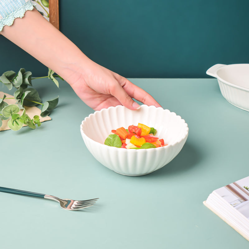 Riona Ribbed Ceramic Salad Bowl White 600ml - Bowl,ceramic bowl, snack bowls, curry bowl, popcorn bowls | Bowls for dining table & home decor
