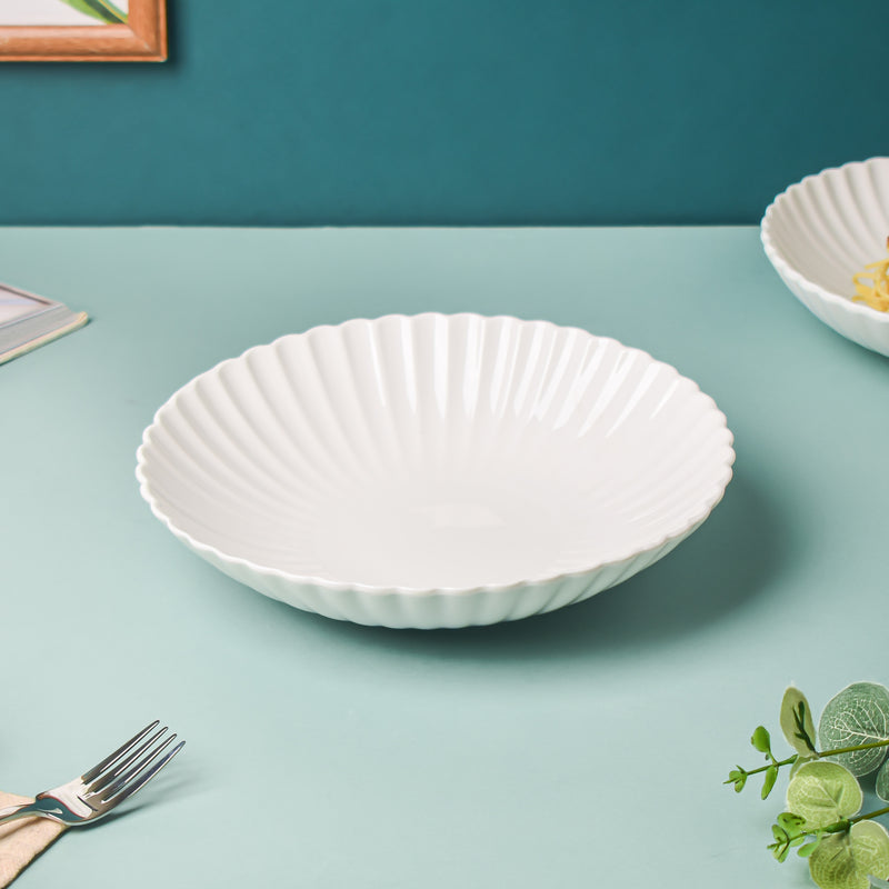 Riona Ribbed Ceramic Pasta Dish White 9 Inch - Serving plate, pasta plate, lunch plate, deep plate | Plates for dining table & home decor