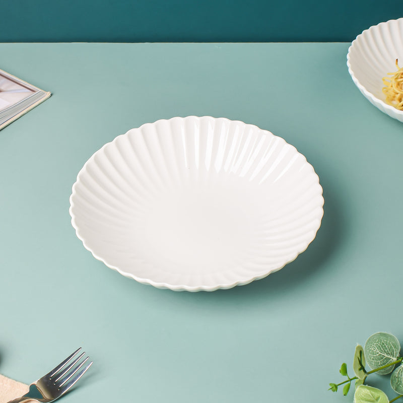Riona Ribbed Ceramic Pasta Dish White 9 Inch - Serving plate, pasta plate, lunch plate, deep plate | Plates for dining table & home decor