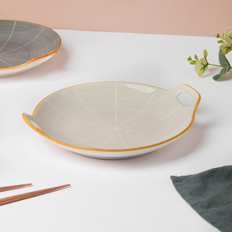 Willow Light Grey Round Plate With Handle 9.5 inch - Ceramic platter, serving platter, fruit platter | Plates for dining table & home decor