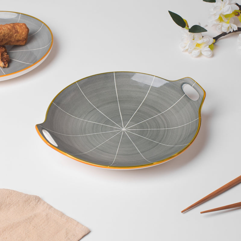 Willow Dark Grey Round Plate With Handle 10 inch - Ceramic platter, serving platter, fruit platter | Plates for dining table & home decor