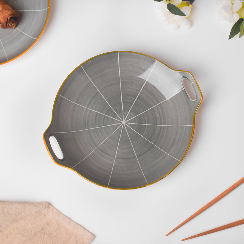 Willow Dark Grey Round Plate With Handle 10 inch - Ceramic platter, serving platter, fruit platter | Plates for dining table & home decor