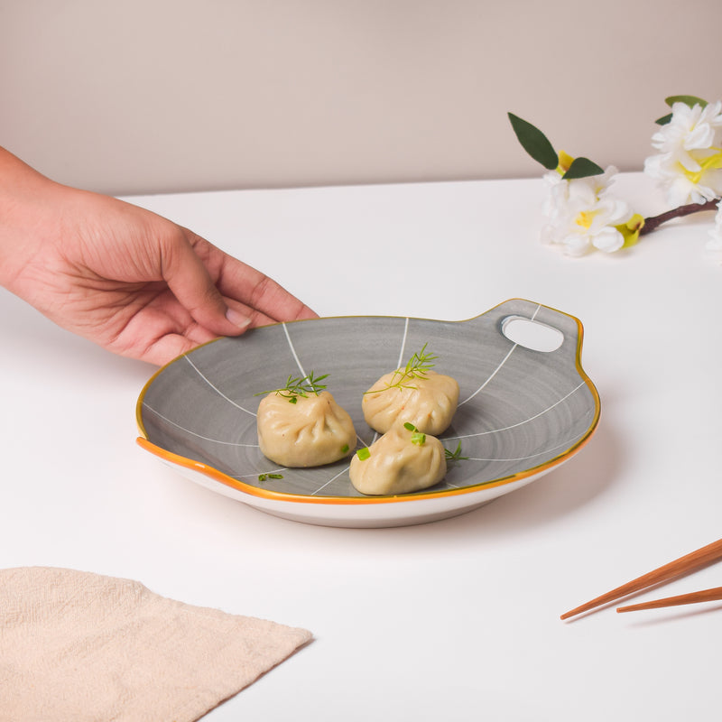 Willow Dark Grey Round Plate With Handle 10 inch - Ceramic platter, serving platter, fruit platter | Plates for dining table & home decor