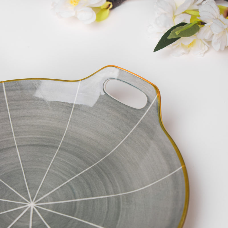 Willow Dark Grey Round Plate With Handle 10 inch - Ceramic platter, serving platter, fruit platter | Plates for dining table & home decor