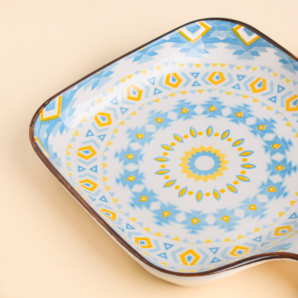 Mandala Yellow Diamonds Square Snack Plate With Handle - Ceramic platter, serving platter, fruit platter | Plates for dining table & home decor
