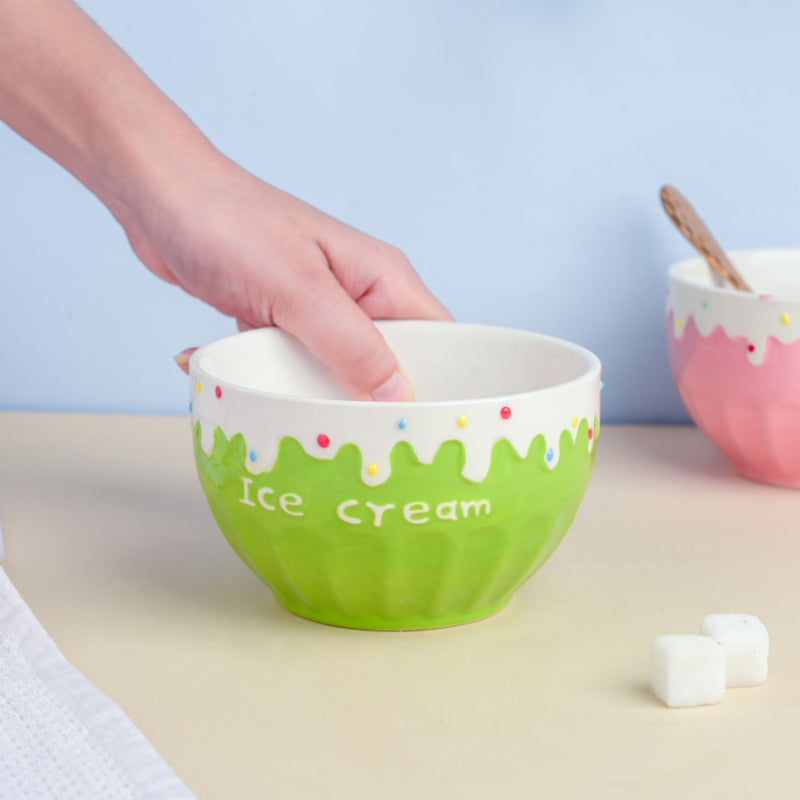 Green Strawberry Ice Cream Bowl 400 ml - Bowl,ceramic bowl, snack bowls, curry bowl, popcorn bowls | Bowls for dining table & home decor