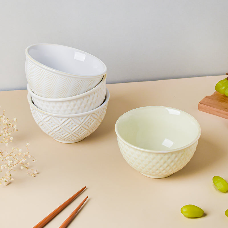 Riona Diamond Ceramic Bowl For Dessert Off White 300 ml - Bowl,ceramic bowl, snack bowls, curry bowl, popcorn bowls | Bowls for dining table & home decor