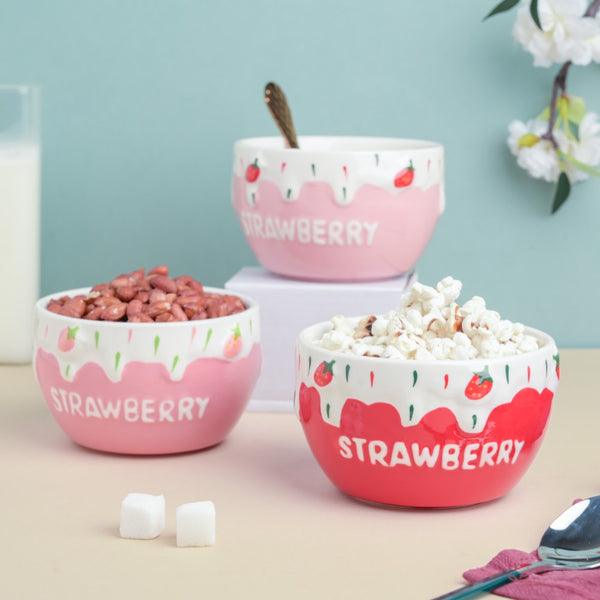Pink Strawberry Side Bowl 400 ml - Bowl,ceramic bowl, snack bowls, curry bowl, popcorn bowls | Bowls for dining table & home decor
