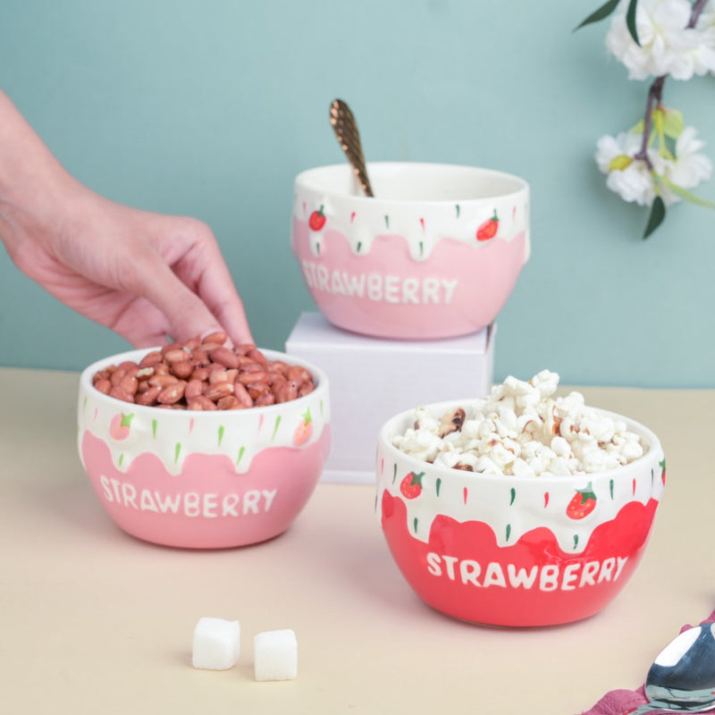 Light Pink Strawberry Side Bowl 400 ml - Bowl,ceramic bowl, snack bowls, curry bowl, popcorn bowls | Bowls for dining table & home decor
