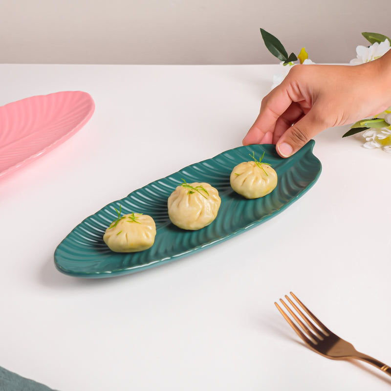 Teal Tantrum Leaf Platter - Ceramic platter, serving platter, fruit platter | Plates for dining table & home decor