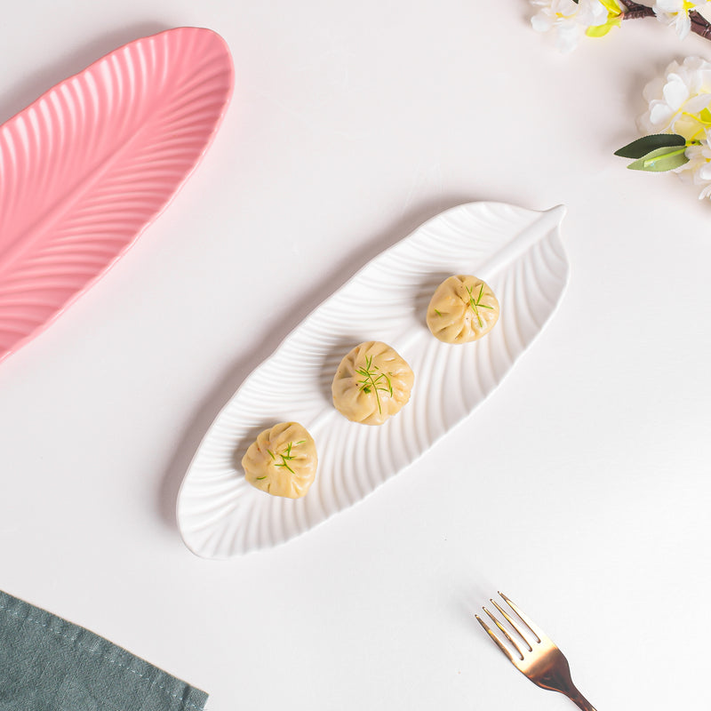 Snow White Leaf Platter - Ceramic platter, serving platter, fruit platter | Plates for dining table & home decor