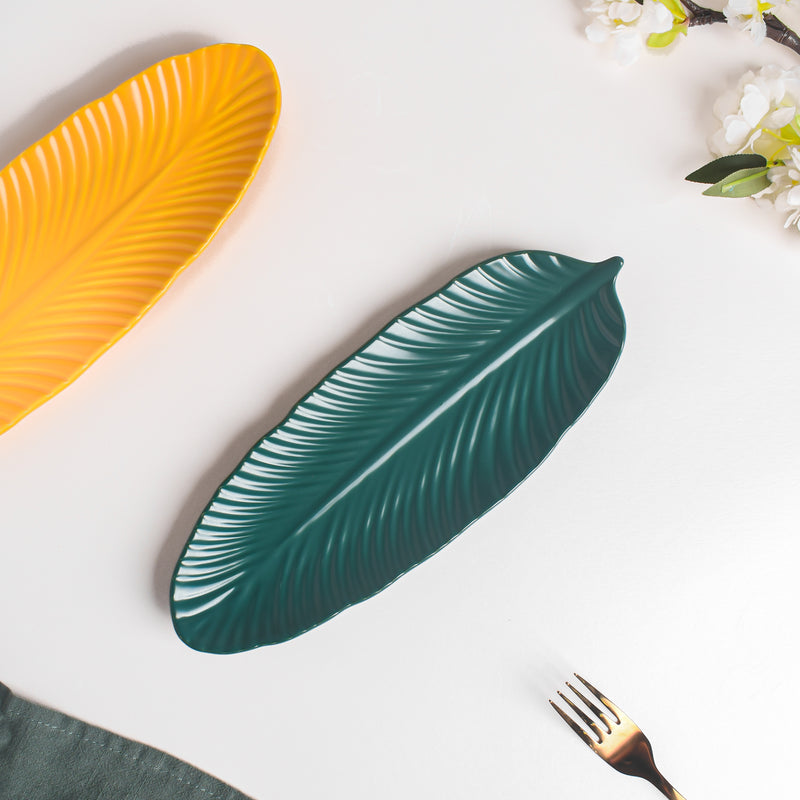 Teal Tantrum Leaf Platter - Ceramic platter, serving platter, fruit platter | Plates for dining table & home decor