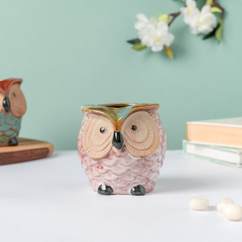 Colossal White Ceramic Owl Planter With Wooden Coaster - Indoor planters and flower pots | Home decor items