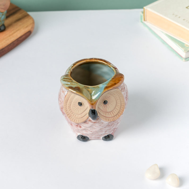 Colossal White Ceramic Owl Planter With Wooden Coaster - Indoor planters and flower pots | Home decor items