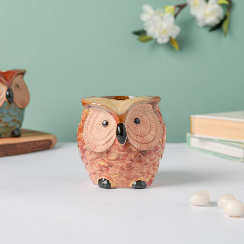 Orange Owl Ceramic Planter With Wooden Coaster - Indoor plant pots and flower pots | Home decoration items