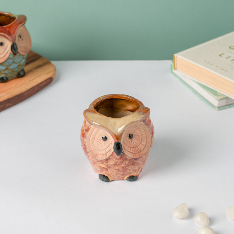Orange Owl Ceramic Planter With Wooden Coaster - Indoor plant pots and flower pots | Home decoration items