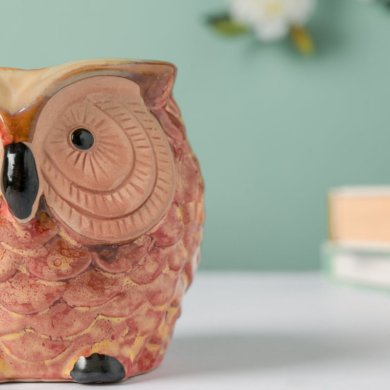 Orange Owl Ceramic Planter With Wooden Coaster - Indoor plant pots and flower pots | Home decoration items