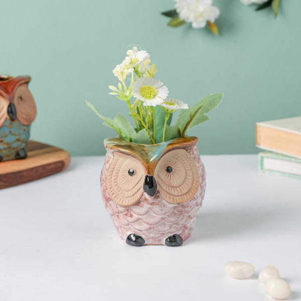 Colossal White Ceramic Owl Planter With Wooden Coaster - Indoor planters and flower pots | Home decor items
