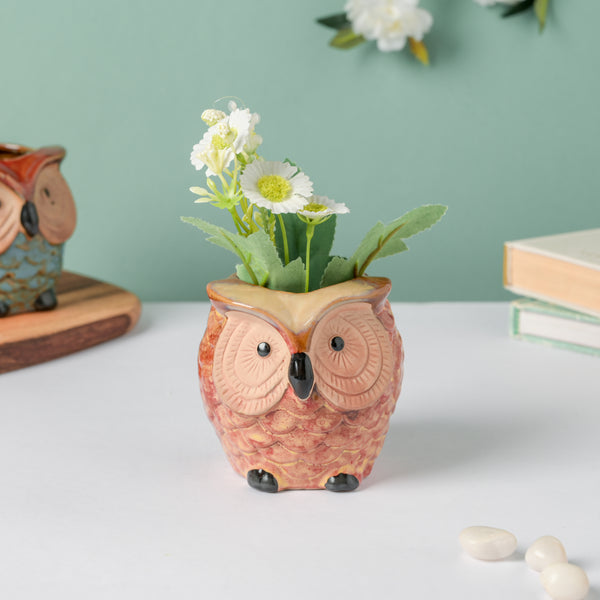 Orange Owl Ceramic Planter With Wooden Coaster - Indoor plant pots and flower pots | Home decoration items