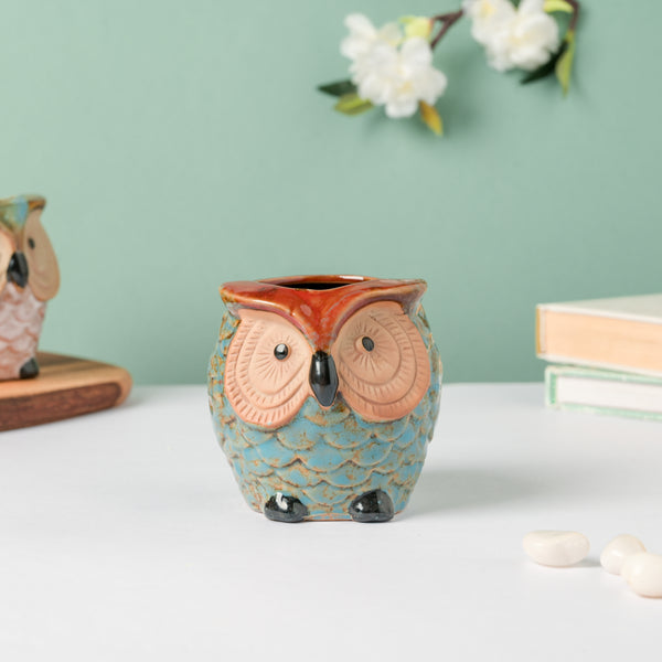 Seacrest Owl Blue Ceramic Planter With Wooden Coaster - Indoor planters and flower pots | Home decor items