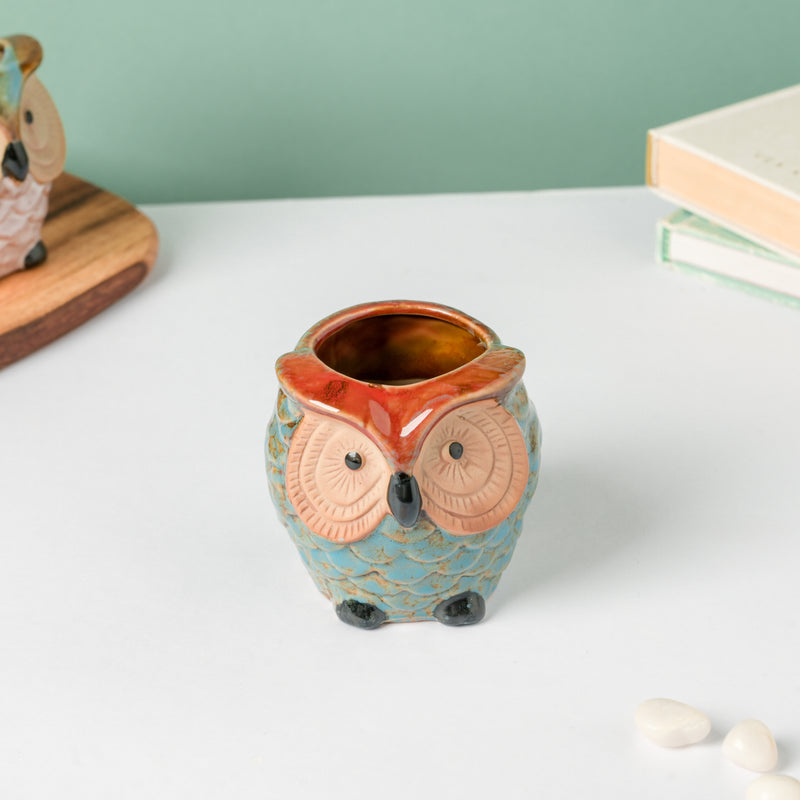 Seacrest Owl Blue Ceramic Planter With Wooden Coaster - Indoor planters and flower pots | Home decor items
