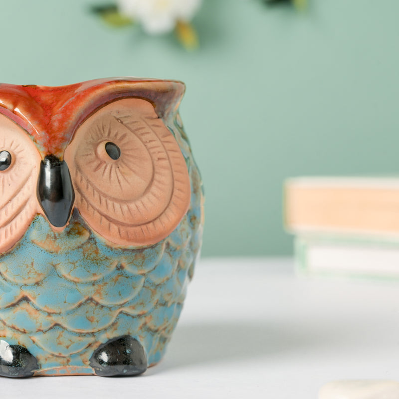 Seacrest Owl Blue Ceramic Planter With Wooden Coaster - Indoor planters and flower pots | Home decor items