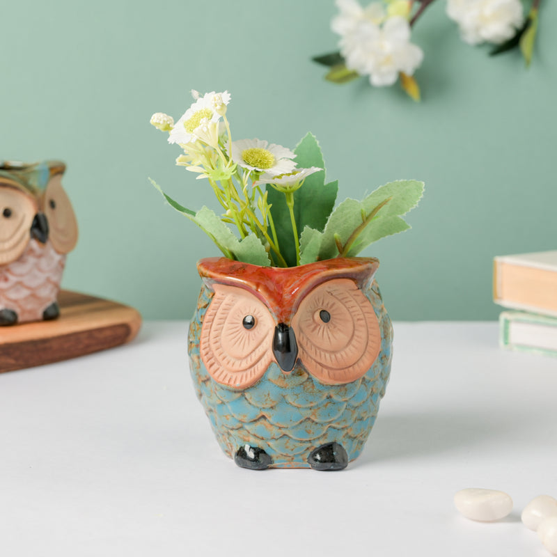 Seacrest Owl Blue Ceramic Planter With Wooden Coaster - Indoor planters and flower pots | Home decor items