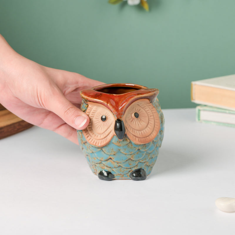 Seacrest Owl Blue Ceramic Planter With Wooden Coaster - Indoor planters and flower pots | Home decor items
