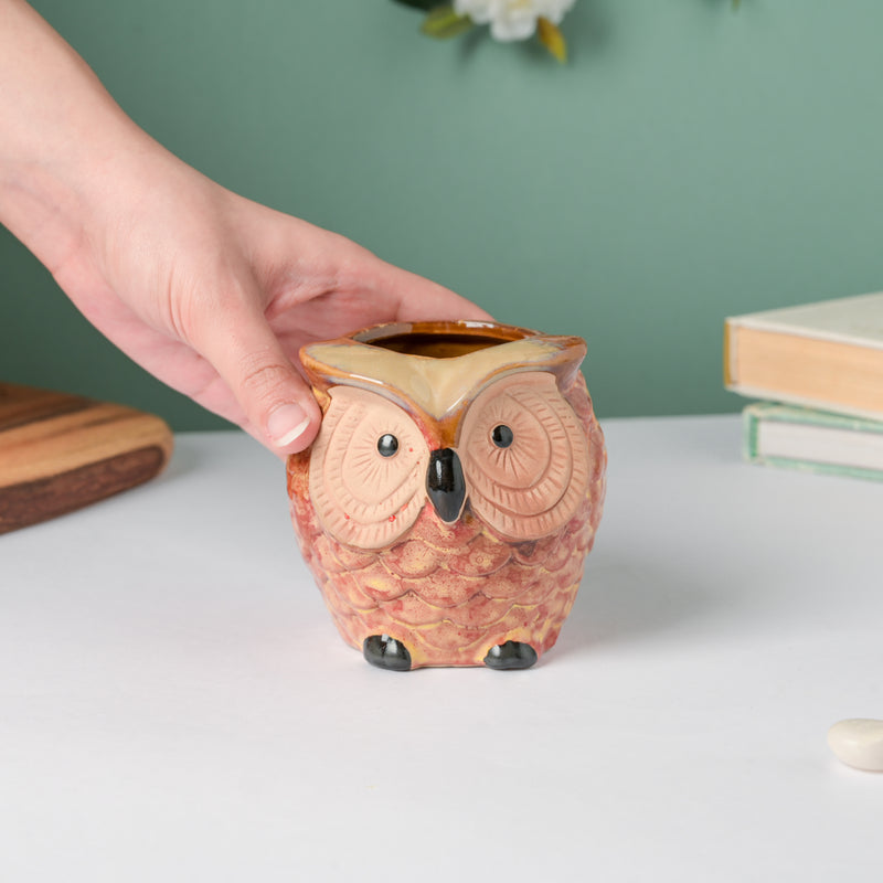 Orange Owl Ceramic Planter With Wooden Coaster - Indoor plant pots and flower pots | Home decoration items