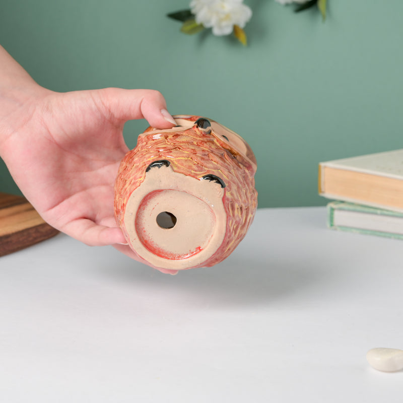 Orange Owl Ceramic Planter With Wooden Coaster - Indoor plant pots and flower pots | Home decoration items