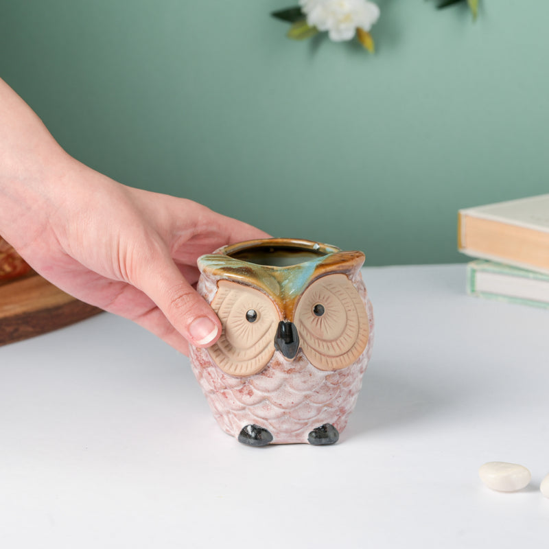 Colossal White Ceramic Owl Planter With Wooden Coaster - Indoor planters and flower pots | Home decor items