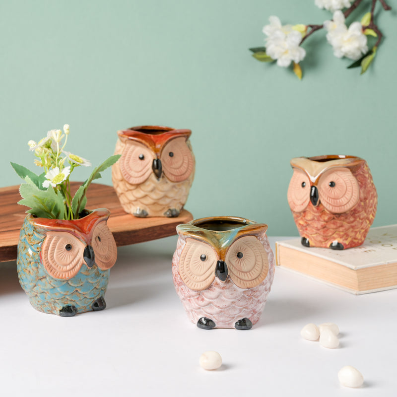 Colossal White Ceramic Owl Planter With Wooden Coaster - Indoor planters and flower pots | Home decor items