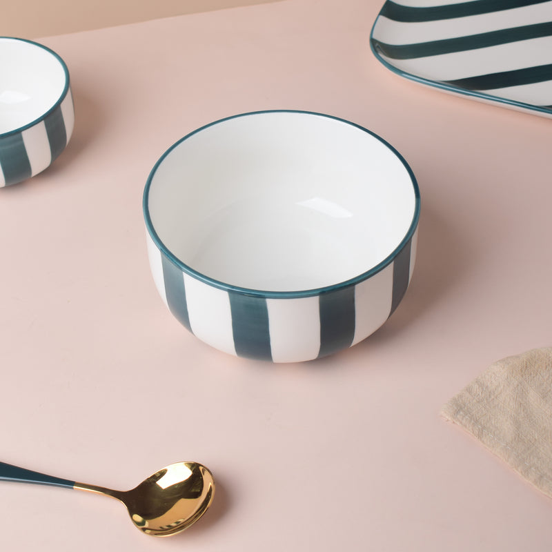 Sailor Striped Green Serving Bowl - Bowl, ceramic bowl, serving bowls, noodle bowl, salad bowls, bowl for snacks, large serving bowl | Bowls for dining table & home decor