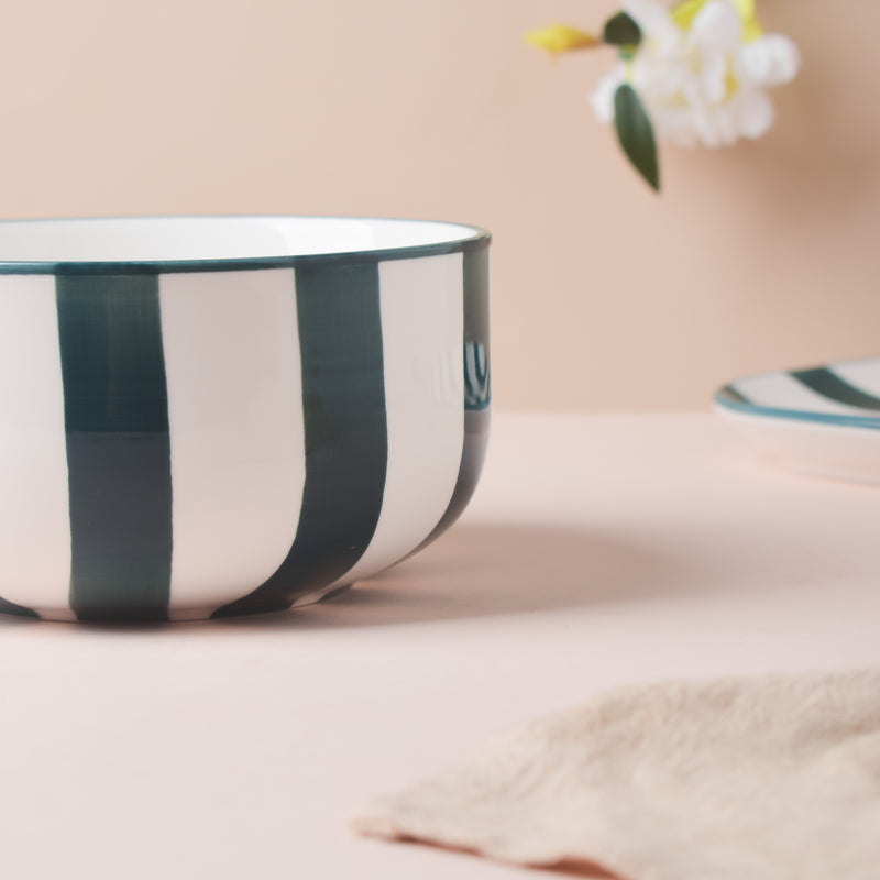 Sailor Striped Green Serving Bowl - Bowl, ceramic bowl, serving bowls, noodle bowl, salad bowls, bowl for snacks, large serving bowl | Bowls for dining table & home decor