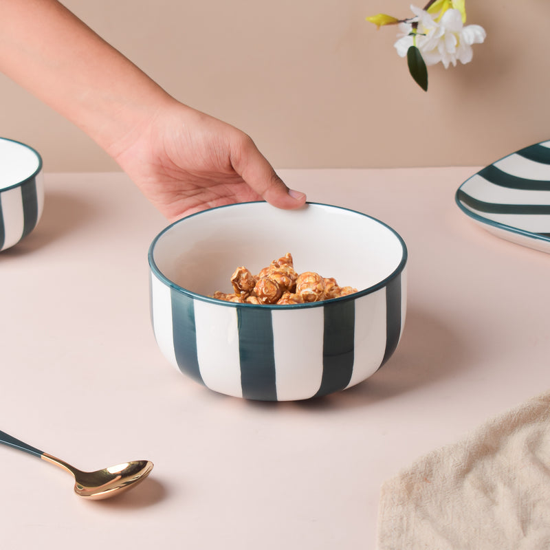 Sailor Striped Green Serving Bowl - Bowl, ceramic bowl, serving bowls, noodle bowl, salad bowls, bowl for snacks, large serving bowl | Bowls for dining table & home decor