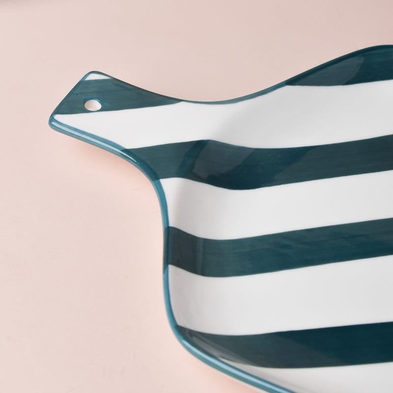 Sailor Striped Green Platter With Handle 10 Inch - Ceramic platter, serving platter, fruit platter | Plates for dining table & home decor