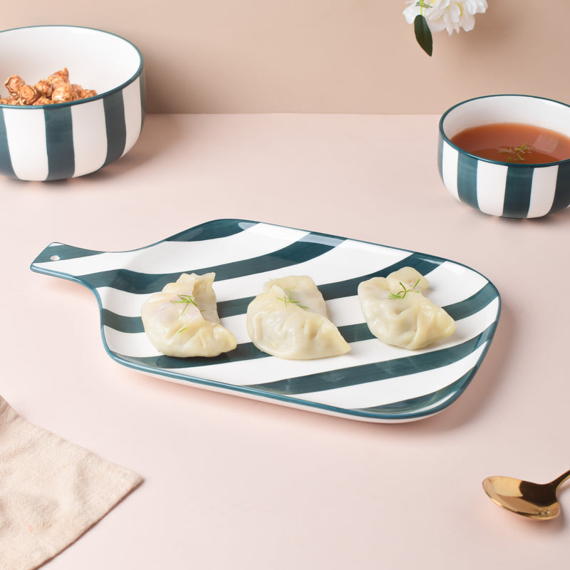 Sailor Striped Green Platter With Handle 10 Inch - Ceramic platter, serving platter, fruit platter | Plates for dining table & home decor