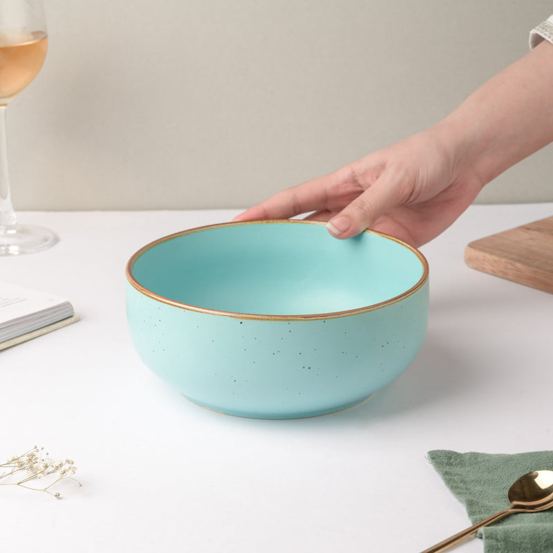 Cielo Brown Rimmed Blue Serving Bowl 7 Inch 1 L - Bowl, ceramic bowl, serving bowls, noodle bowl, salad bowls, bowl for snacks, large serving bowl | Bowls for dining table & home decor