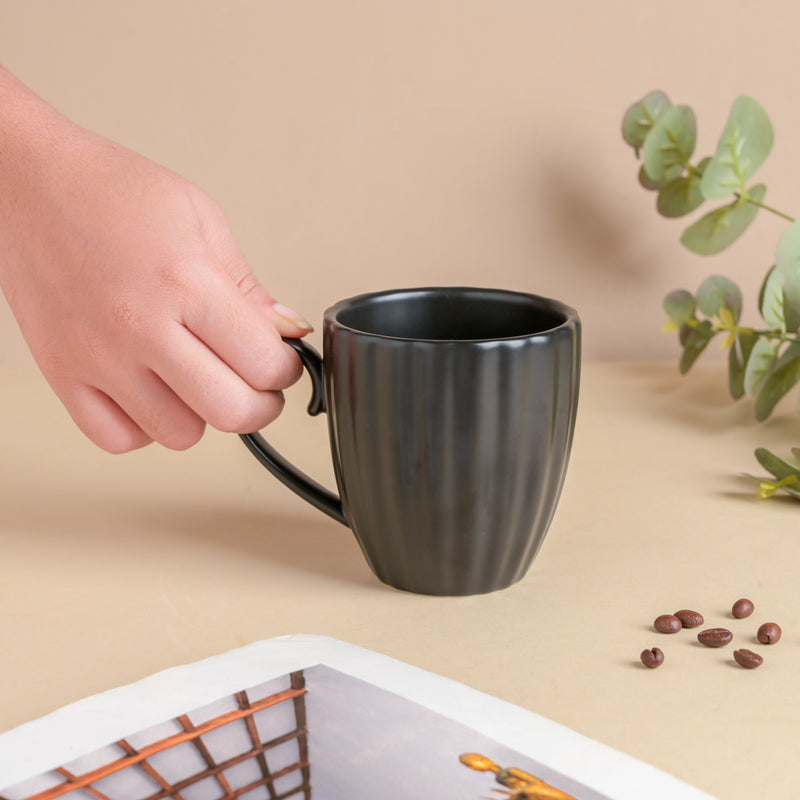 Luxe Ribbed Black Coffee Mug 250 ml- Mug for coffee, tea mug, cappuccino mug | Cups and Mugs for Coffee Table & Home Decor