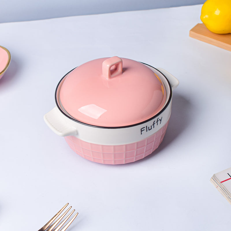 Think Pink Textured Casserole - Serving bowl with lid, ceramic bowls with lids, noodle bowl, curry bowl, oven bowl, soup bowl with handle | Bowls for dining table & home decor